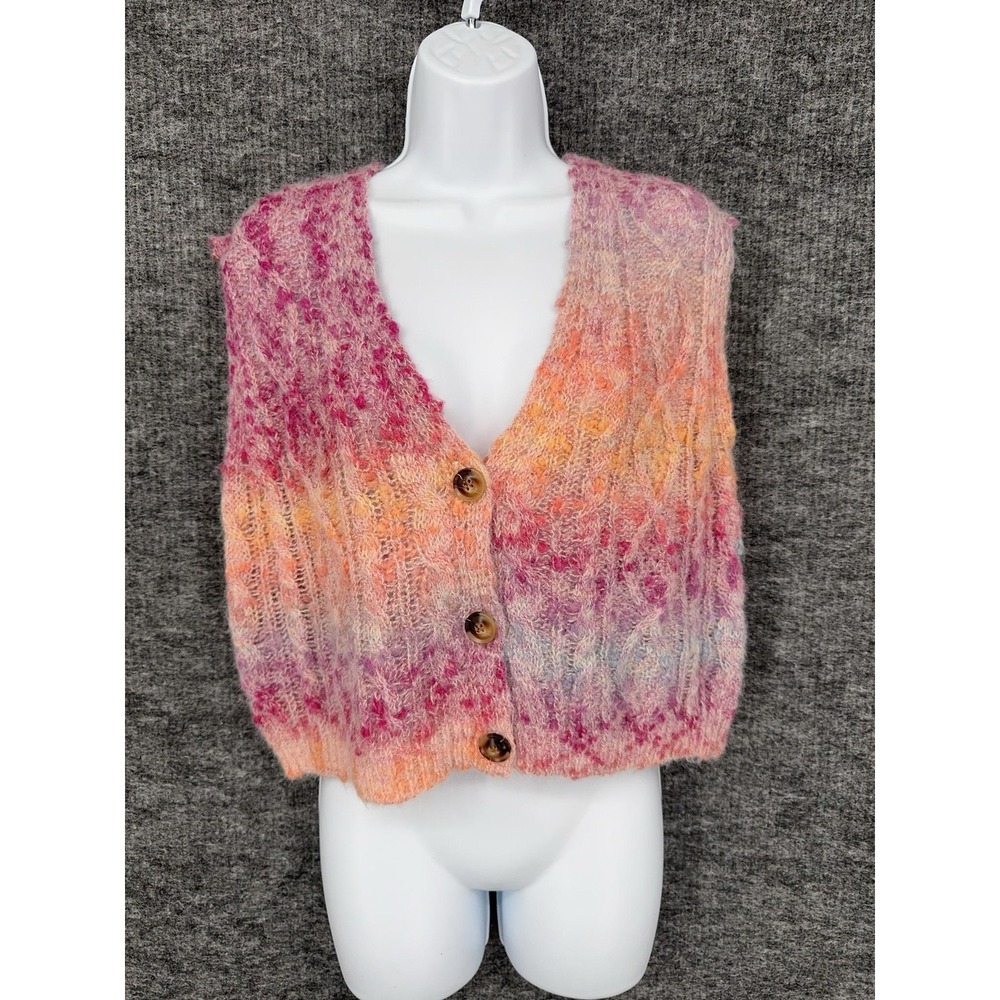 Anna & Ava Sweater Vest Womens S/M Multicolor V Neck Button Open Knit Fuzzy